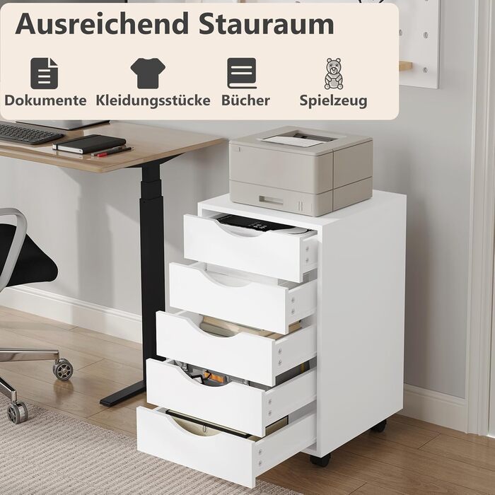 Контейнер на колесах WOLTU з 5 шухлядами, мобільна шафа для документів на колесах, блок з шухлядами, офісна шафа, офісний контейнер, тумба для столу, для домашнього офісу, білий, 40x66,5x40 см, ASK14ws