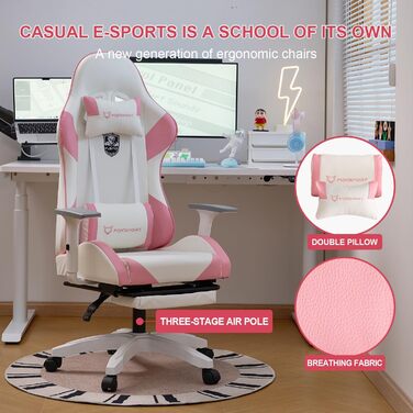 Ергономічне ігрове крісло, комп&39ютерне крісло з педалями - регульоване по висоті, обертове крісло з підголівником та поперековою опорою, нахил 155 (рожеве)