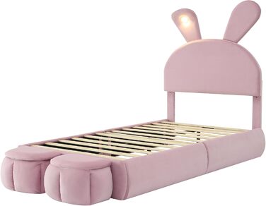 М&39яке ліжко 90x200 см, дитяче ліжко з 2 табуретами для зберігання речей та світлодіодним приліжковим освітленням, розкладні вушка зайчика, каркас ліжка зі світлодіодним освітленням для дівчаток, дитяче ліжко з рейковою основою, оксамит, рожевий, без мат