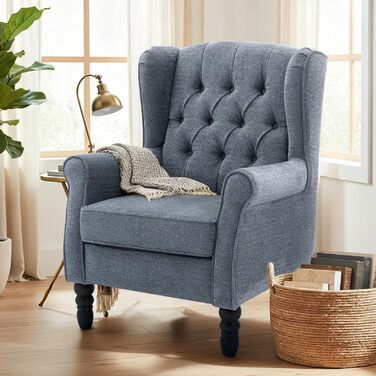 Крісло для вітальні COLAMY у стилі середини століття, м&39яке крісло з вигнутою спинкою та прошивкою ґудзиками, крісло для відпочинку з тканинним чохлом та ніжками з масиву дерева для вітальні, офісу, кафе - синє, комплект з