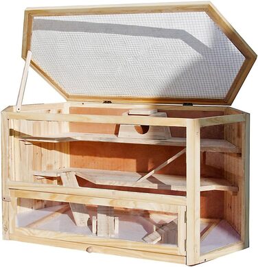 Клітка Wiltec XXL для гризунів, 3-ярусна, шестигранна, 1150 x 600 x 580 мм, дерев&39яна, з кришкою на петлях та оглядовим віконцем, будиночок для дрібних тварин, клітка для мишей, клітка для хом&39яків