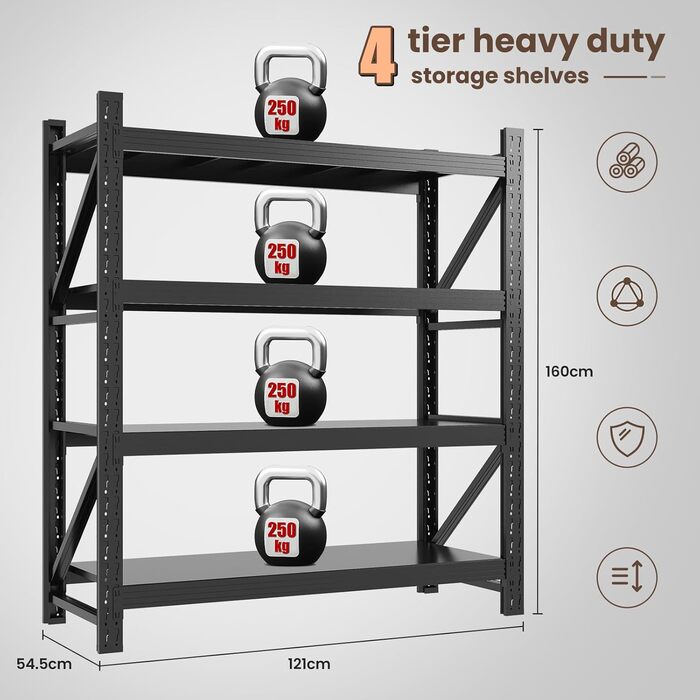 Міцний металевий стелаж, стелаж без болтів, стелаж для зберігання, стелаж для майстерні, стелаж для підвалу, стелаж для гаража, кухонний стелаж, окремостоячий стелаж, сталевий стелаж, 4 рівні, вантажопідйомність полиць 265 кг, регульовані полиці, 160x120x