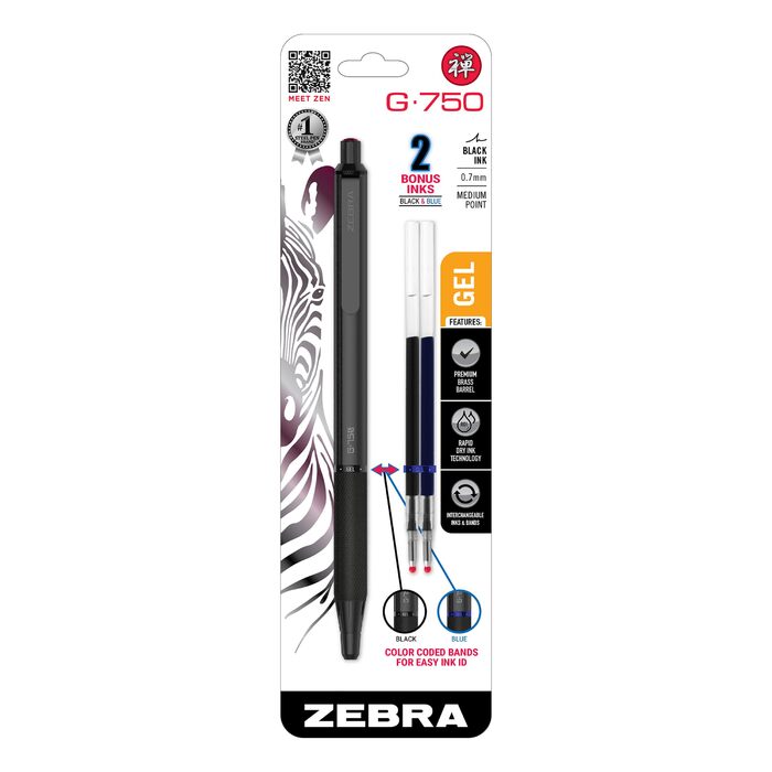 Гелева ручка Zebra Pen G-750, висувна, чорний латунний корпус, середній наконечник, 0,7 мм, чорне чорнило, (49811)