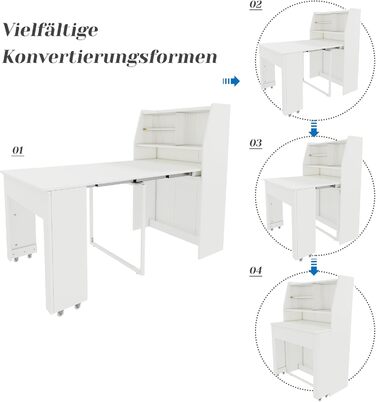 Розсувний обідній стіл, маленький, розсувний в одному напрямку, біла шафа для зберігання в їдальні, багатофункціональний обідній стіл, що економить місце, 52/132,5x80x76 см