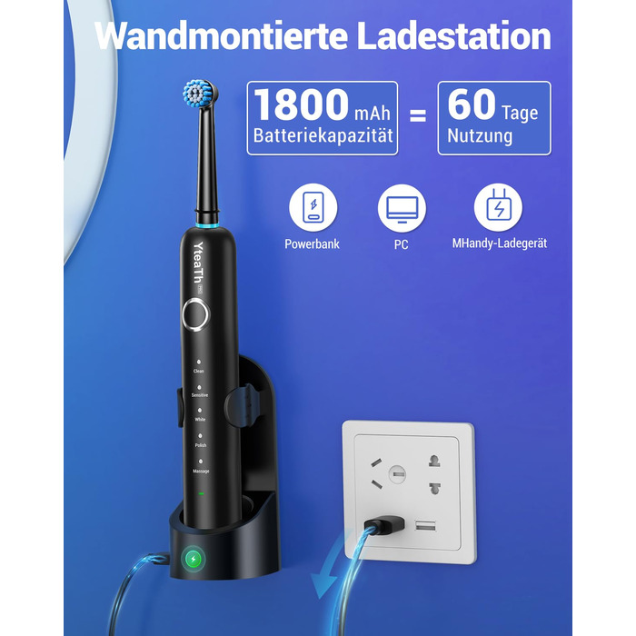 Обертова електрична зубна щітка для дорослих та дітей з 8 насадками, електрична зубна щітка з настінним тримачем та зарядною станцією, 5 режимів чищення та дорожній футляр, 60 днів роботи від акумулятора