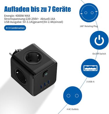 Перехідник для розетки з USB, розетки з вимикачем, подовжувач з USB, 4000 Вт/16 А, 3 USB (5 В/3,1 А), для спальні, подорожей та оф