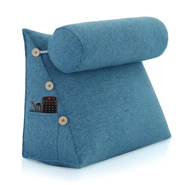 Клиноподібна подушка для читання для ліжка, регульована декоративна подушка для читання, трикутна подушка, клиноподібна подушка для дивана для поперекового відділу хребта, подушка для підтримки шиї та спини зі знімним лляним чохлом, синя, 60 см