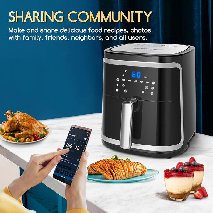 Інтелектуальна фритюрниця, 1900 Вт, 7 літрів, Wi-Fi аерофритюрниця, світлодіодний сенсорний екран, 7 програм, 20 рецептів pdf, меню своїми руками.