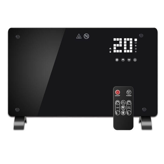 Конвекторний обігрівач DONYER POWER 1500 Вт, ультратонкий настінний або окремостоячий, 24-годинний таймер з дистанційним керуванням, чорна скляна панель, 1,5 кВт, чорний