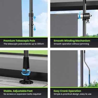 Вертикальний тент YEAUPE PRO для вулиці, 119 x 270 см, темно-сірий, не потребує свердління, кріплення тенту за допомогою ручної рукоятки, підходить для балкона, тераси, відкритого майданчика та саду, всепогодний екран для забезпечення конфіденційності 119