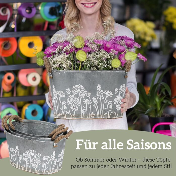 Набір вінтажних вуличних квіткових горщиків, 3 предмети, оцинковані металеві горщики для рослин з мотузковими ручками, відра для квітів/горщики для трав для кухні, балкону та саду, 19/22,5/26 см