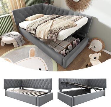 М&39яке ліжко, односпальне ліжко, дитяче ліжко 90x200 см, диван-ліжко/кушетка з гідравлічним відділенням для зберігання, кушетка/дитяче ліжко, каркас ліжка зі спинкою та рейковою основою з дерева, оксамит, без матраца (сірий)