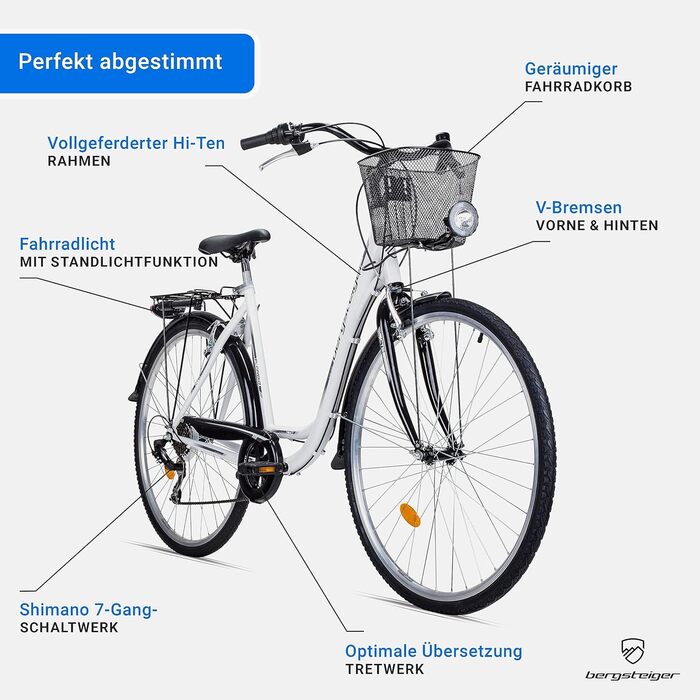 Жіночий велосипед Bergsteiger Florenz 28 дюймів з кошиком, ліхтарями та передачами, підходить для зросту від 160 см, жіночий велосипед із 7-швидкісними передачами, ретро жіночий велосипед, чорний