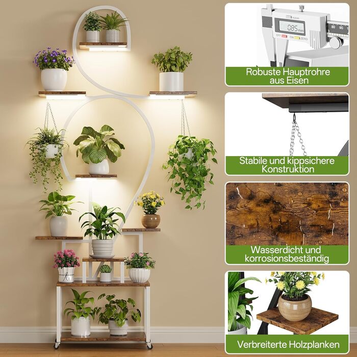 Підставка для рослин HAUSPROFI 190 см з лампою для вирощування - 9-ярусна металева та дерев&39яна підставка для квітів, полиця для рослин, квіткові драбини для приміщень та вулиці, декоративна полиця для саду, біла