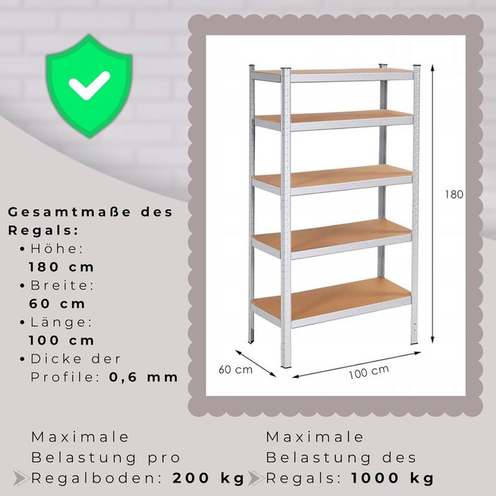 Металевий стелаж SPRINGOS, гаражний стелаж, підвальний стелаж, 60 x 100 x 180 см, 5 полиць, 60 x 100 x 180 см, сріблястий