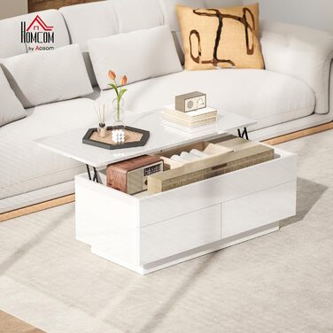 Журнальний столик HOMCOM з регульованою висотою, стіл для вітальні з підйомною стільницею, 2 шухлядами та прихованим місцем для зберігання, журнальний столик-диван для вітальні, білий глянець