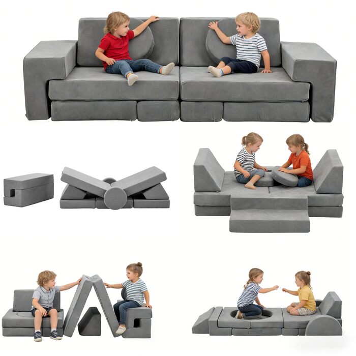 Дитячий диван LALAHO, ігровий диван для дітей, виготовлений з вельвету, складні пінопластові будівельні блоки, дитячий диван та дитяче крісло, універсальний та вільно складаний своїми руками, для дитячої ігрової кімнати, меблі для спальні (сірий)