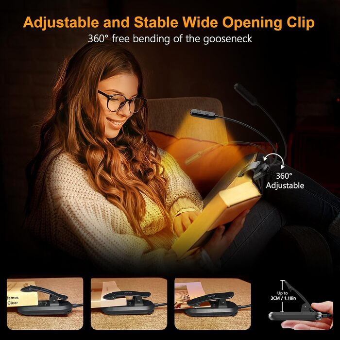 Лампа для читання Gritin Книжковий затискач з 11 світлодіодами, світлодіодна книжкова лампа USB C акумуляторна, безступінчаста яск