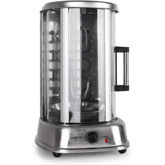 Гриль для шашлику oneConcept Kebap Master, Гіросгриль зі скляними розсувними дверима, закритий, шампур для шашлику, нержавіюча сталь, вертикальний гриль, розсувні двері, срібло