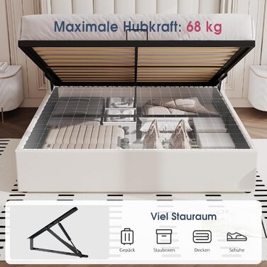 М&39яке ліжко з ящиком для зберігання речей, узголів&39ям заввишки 115 см, місцем для зберігання речей, функцією підйому та хромованим дизайном, каркас з масиву дерева оксамит (кремово-білий, 140 x 200 см) 140 x 200 см Бежевий