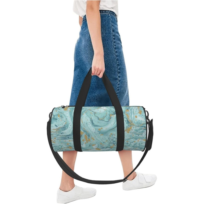 Спортивна сумка-мішок для подорожей, бірюзово-блакитна з золотистим малюнком мармур, чорна, універсальний розмір. Ідеально підходить для ночівлі.