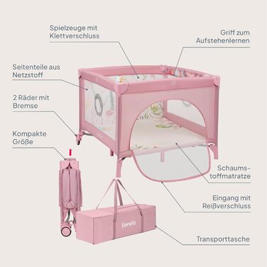 Дитячий манеж та дорожнє ліжечко LIONELO Mille Plus 2-в-1 100x100 см з матрацом та 3D-чохлом для немовлят, вагою до 15 кг (0-36 місяців), бічний вхід на блискавці, 2 колеса з гальмами, складний, сумка для перенесення рожевого кольору