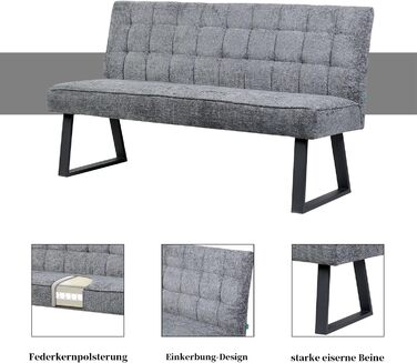 Лавка DUBI Furniture Clara 160 см з пружинною оббивкою Сучасна обідня лавка світло-сірого кольору М&39яка кухонна лавка з оббивкою 15 см та чорно-сірими металевими ніжками 160 см