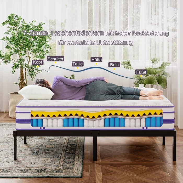 Матрац 140x200 см, висота 26 см, H3, сертифікований Oeko-TEX, гібридний гелевий пінопласт з ефектом пам&39яті, пружинна основа у формі кишенькової сітки, повітропроникний, середньої жорсткості, для зняття тиску, матрац у формі бочки з пружинами у формі ки