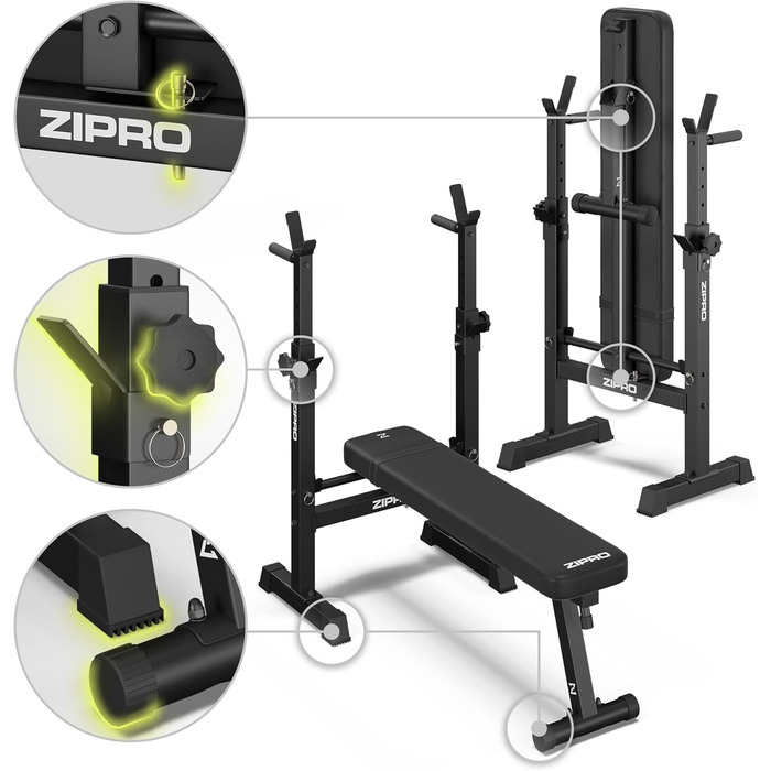 Лава для жиму штанги ZIPRO Core Складана лава з регульованими стійками для штанги та ручками для віджимань Фітнес-лава, вантажопідйомність 230 кг, регулювання висоти в 7 положеннях, силова станція без штанги