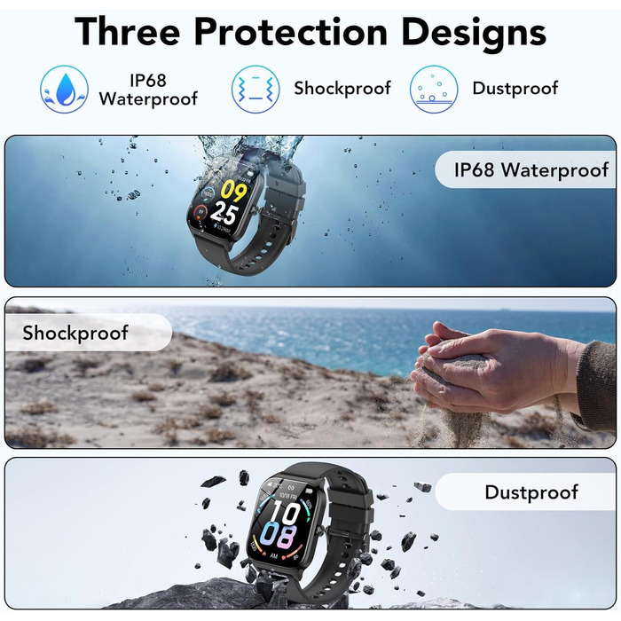 Розумний годинник CASCHO для жінок та чоловіків, 1,85-дюймовий HD-розумний годинник, 115 режимів, фітнес-трекер із Bluetooth-дзвінками, водонепроникний крокомір IP68 із функцією очікування до 30 днів для iOS та Android, сяючий чорний колір