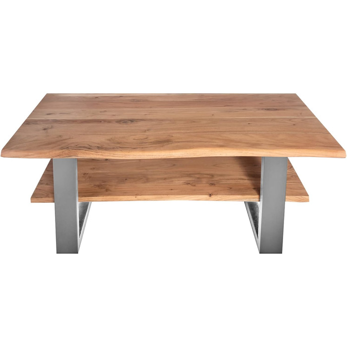 Журнальний столик SAM B-класу 115x65 см Philipp, диванний столик з полицею, масив акації натуральний колір лакований, журнальний столик зі справжнім живим краєм, U-подібна рама срібляста 115 x 65 см натуральний колір / сріблястий