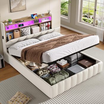 Ліжко зі світлодіодним освітленням, гідравлічне ліжко 140 x 200 см, м&39яке ліжко, узголів&39я з полицею та місцем для зберігання речей, каркас ліжка з рейковою основою, зручне, для спальні, гостьової кімнати, PU білий 140 x 200 білий