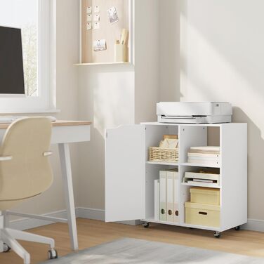 Шафа для документів WOLTU з колесами, стіл для принтера з 3 відкритими відділеннями, 1 дверцята, регульовані полиці, для дому та офісу, 60x70x35 см, білий