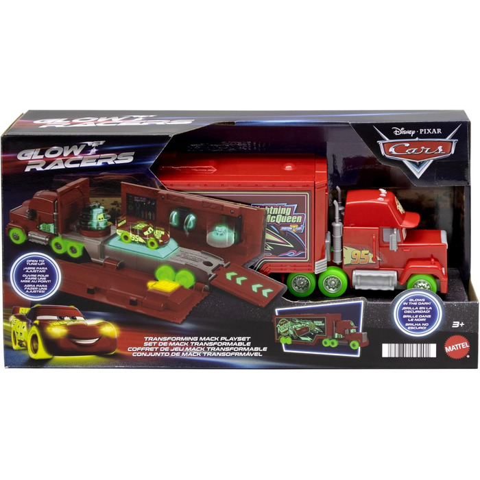 Гоночні машинки Mattel Disney та Pixar Cars, що світяться в темряві, ігровий набір Tuning Mack, іграшкова вантажівка 2-в-1, що світиться в темряві, та тюнінгова станція зі стартером, підйомником та іншим, HPX76