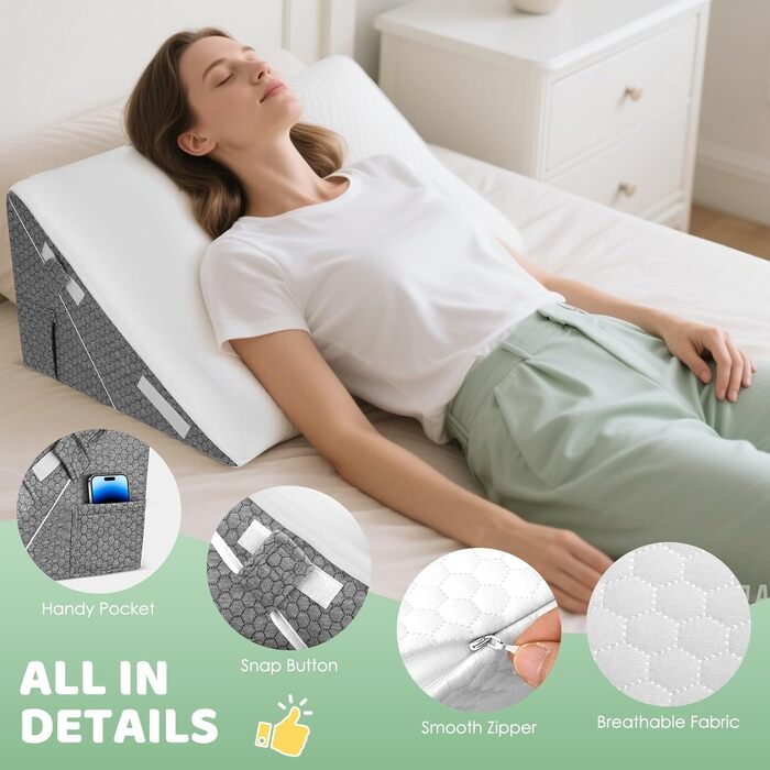 Клиноподібна подушка для ліжка - Регульована клиноподібна подушка для сну, подушка для читання з піни високої щільності для ліжка та дивана, ергономічна подушка для голови, клиноподібна подушка для ліжка, подушка для ніг/спинки для гри та читання
