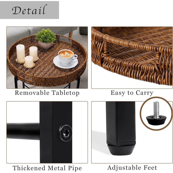 Плетений круглий журнальний столик 48 x В50 см, журнальний столик зі знімним підносом, журнальний столик з регульованими ніжками діаметр 48 см x висота 50 см