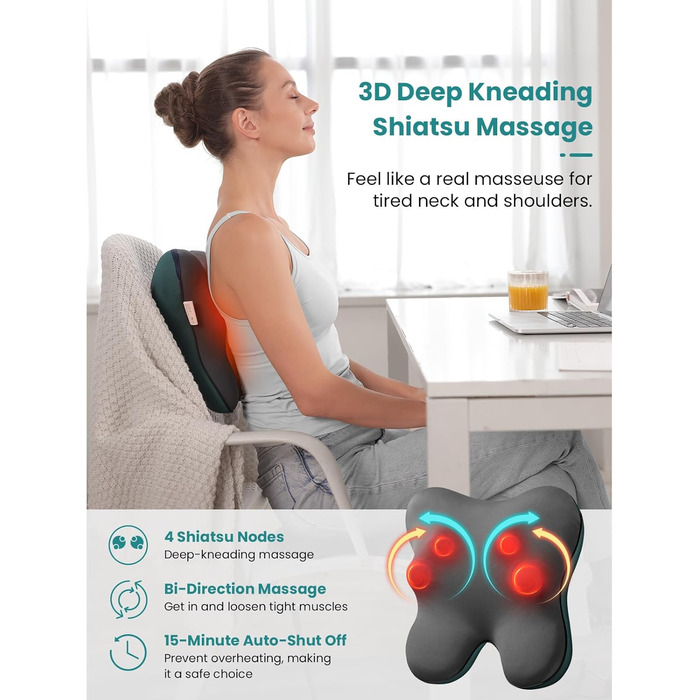 Масажер для спини з нагріванням, шиацу 3D Kneading Neck Massager, мязовий біль, дротова масажна подушка для шиї, спини, ніг, подарунки для чоловіків і жінок