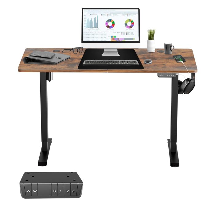 Стіл з регулюванням висоти 140 x 60 x (70-115) см, електричний стіл з регульованою висотою та портом зарядки USB-A/C, функцією пам&39яті, захистом від зіткнень, зрощеною стільницею, вінтажно-коричневий, з портом зарядки USB-A/C, килимками для миші, гачкам