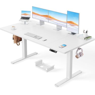 Стіл ErGear з регулюванням висоти - 160 x 80 см, вантажопідйомність 100 кг, електричний стіл з удосконаленим безщітковим двигуном, тиха робота, міцний металевий каркас, чотирисекційна стільниця 160 x 80 см, білий колір