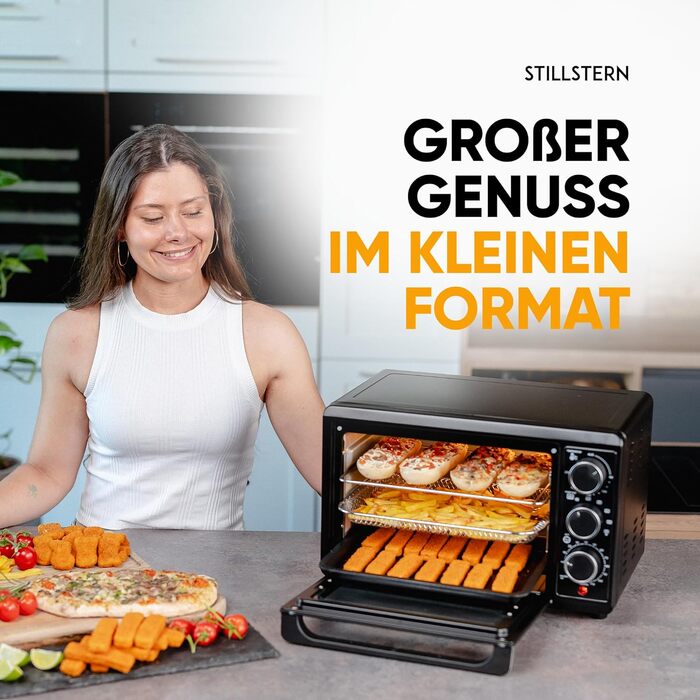 Міні-духовка Stillstern з конвекцією (18 л) Німецька версія, вставка для фритюрниці, деко, рукавиці, буклет з рецептами, внутрішнє освітлення, 1300 Вт, тостер гриль Піч для піци Міні-піч ідеально підходить для кемпінгу