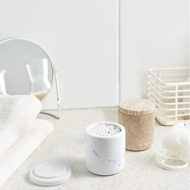Контейнер для ватних паличок WORHE Q-Tip Marble, тримач для ватних паличок з натурального мармуру з кришкою, ємність для зберігання ватних паличок, ватних кульок, подушечок для макіяжу, натуральний мармуровий білий (DE WH050)