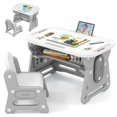 Дитячий стіл та стілець з регульованою висотою, дошкою для малювання та відділенням для зберігання, художній стіл/стіл для учнів з нековзними ніжками, для дітей від 3 років (сірий)