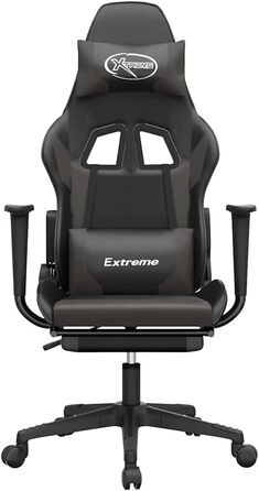 Геймерське крісло з функцією масажу та підставкою для ніг чорно-сірого кольору, виготовлене з міцної синтетичної шкіри, регульованою спинкою, висотою та поворотом на 360 градусів для ергономічного відпочинку, 37 x 41,5 см (Ш x Г), чорно-сірий колір