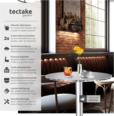 В-1 розкладний стіл Ø 60 см, бістро-стіл, розкладний балконний стіл, алюмінієвий барний стіл, стіл з регульованою висотою 75 см / 115 см, стіл для вечірок, круглий обідній стіл, садовий стіл, розкладний стіл - сріблястий 75/115 см / Ø вертикальної труби 5