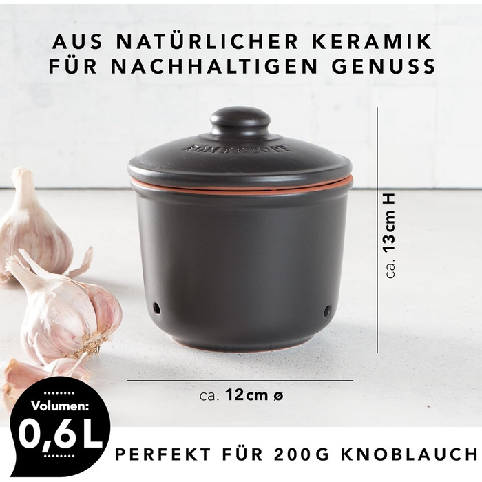 Літра - Керамічний горщик для часнику - Дихаюча глина довше зберігає овочі свіжими - Ідеальна циркуляція повітря - Чорний, 0,6