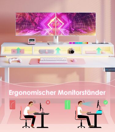 Ігровий стіл OffiGo, стіл з регульованою висотою 140 см, RGB-підсвічуванням та розетками, електричний стіл з 3 відкритими відділеннями для зберігання, тримач для напоїв та навушників, карбонова поверхня білого кольору