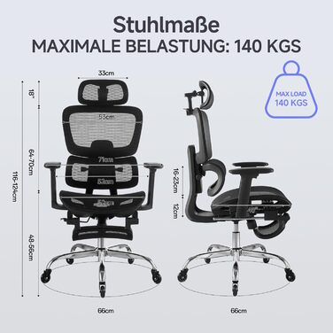 Ергономічне офісне крісло з підставкою для ніг та подушкою для шиї, 5-позиційне регулювання висоти спинки, 2D-підтримка попереку, 3D-підлокітники/підголівник, функція нахилу 145, сітчасте сидіння, гумові колеса, чорний колір.