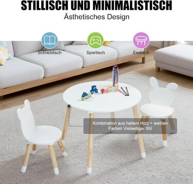 Дитячий стіл LALAHO з 2 стільцями, комплект дитячих сидінь, дитячий стіл/художній стіл, ігровий стіл, з сосновими ніжками, дитячі меблі для дитячих кімнат та дитячих садків (білий)