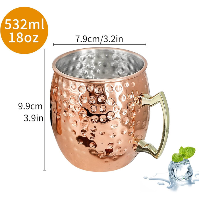 Мідні кружки SuproBarware Moscow Mule, набір з 2 кружок Moscow Mule, кружки з нержавіючої сталі, 530 мл, безпечні для харчових продуктів, ковані кружки, ідеально підходять для коктейлів, води, холодних напоїв 7 шт.