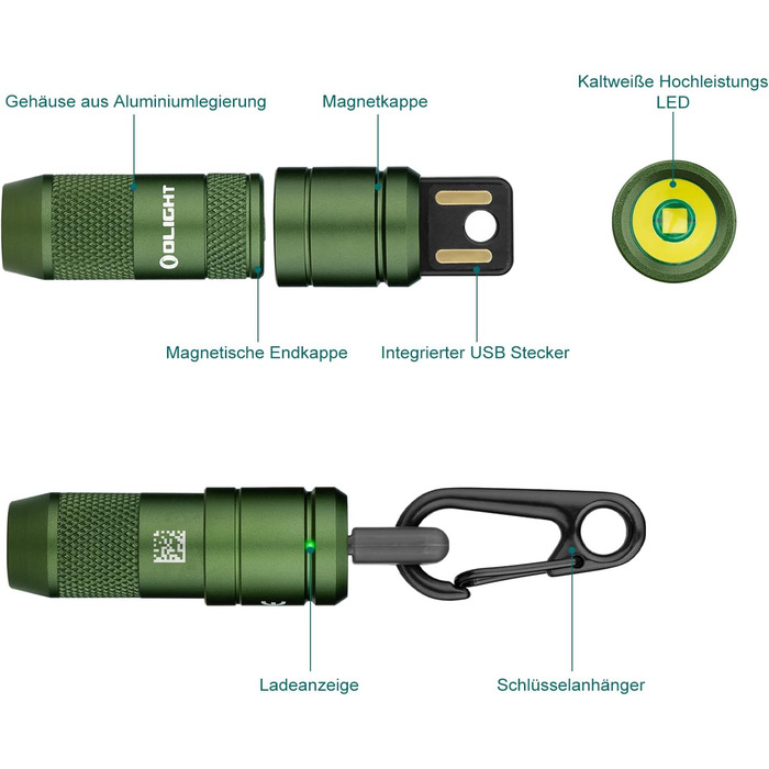 Міні-світлодіодний ліхтарик USB перезаряджається брелок з магнітною основою, 50LM 19.5g EOS брелок ліхтарик, IPX6 маленький ліхтарик для кемпінгу, на природі, надзвичайних ситуацій (OD Green), 2